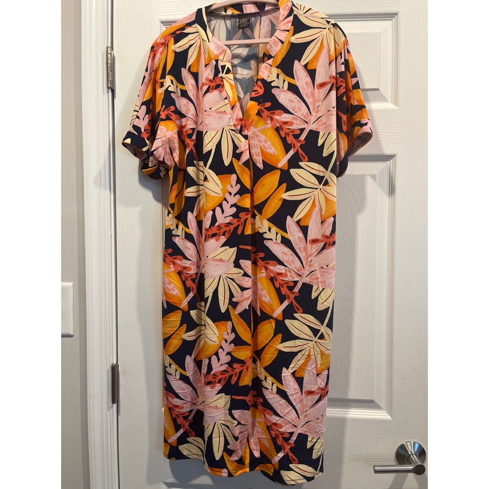 Lildy Split V-Neck Pleated Dress Tropical Floral Navy Orange Pink L-XL Pocketed‎